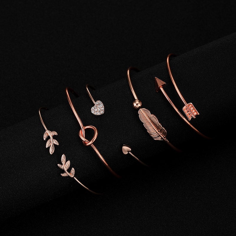 Softones 5pcs Bangle Rose Gold Bracelets for Women Heart|Olive Leaf|Arrow|Feather|Knot Heart Open Cuff Bracelet Set Adjustable - Image 3